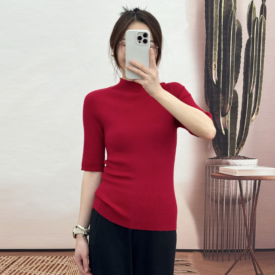68支3股极细精纺纯山羊绒全羊绒五分短袖针织衫半高领修身打底女