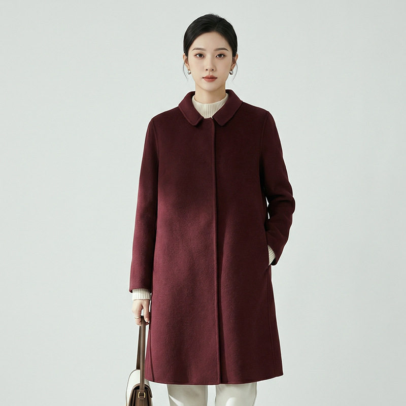 嘉兴2026秋冬新款中长款羊毛大衣女娃娃领宽松通勤纯色双面呢外套