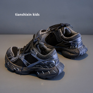 男童运动鞋黑色2025春秋儿童老爹鞋网面透气女童鞋子中大童跑步鞋