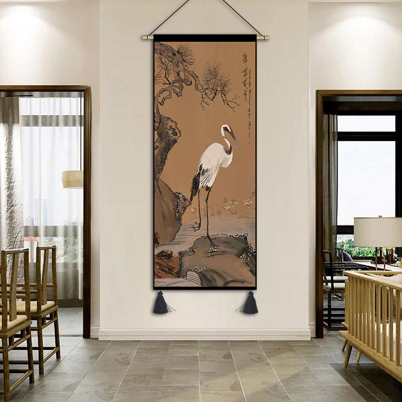 古典中式仙鹤挂画布艺客厅玄关装饰画茶楼书房挂毯挂布吉祥画定制图片