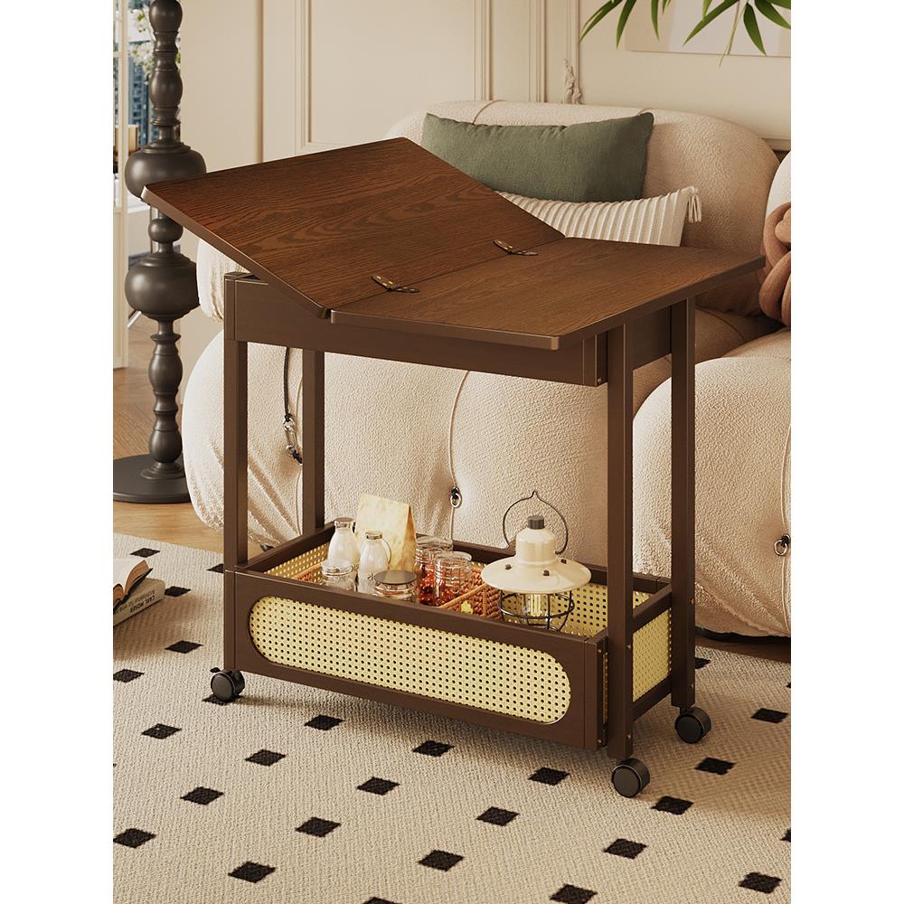 中古风客厅简易推车小型迷你可折叠茶几沙发旁边置物架子移动带轮