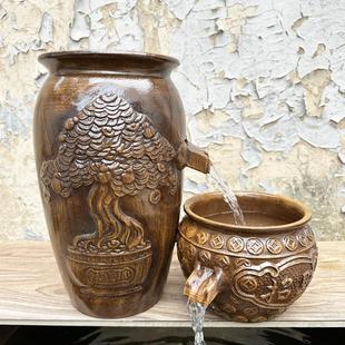 做旧增氧过滤老桩盆简约大号粗陶罐酒店民宿柴烧创意循环流水摆件