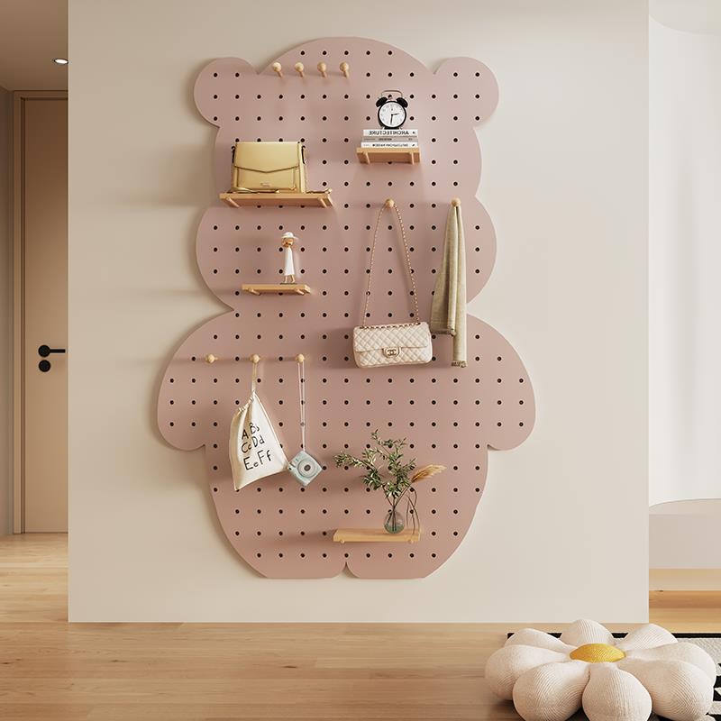 实木洞洞板入户玄关置物架造型墙定制免打孔墙面装饰小胖熊展示架