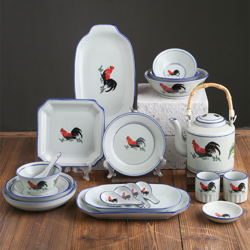 老式公鸡碗陶瓷家用汤面碗菜盘子