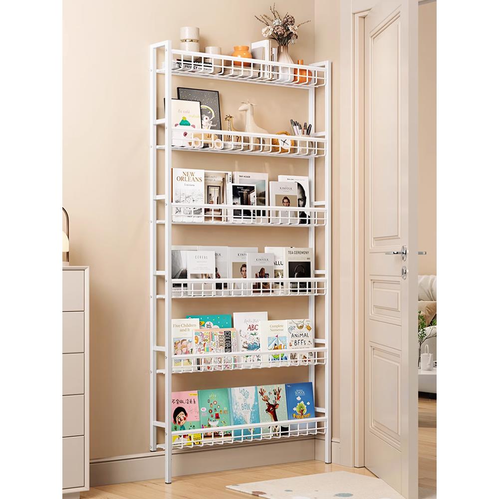 门后置物架超薄书架一体靠墙储物架儿童绘本过道墙上落地极窄书架
