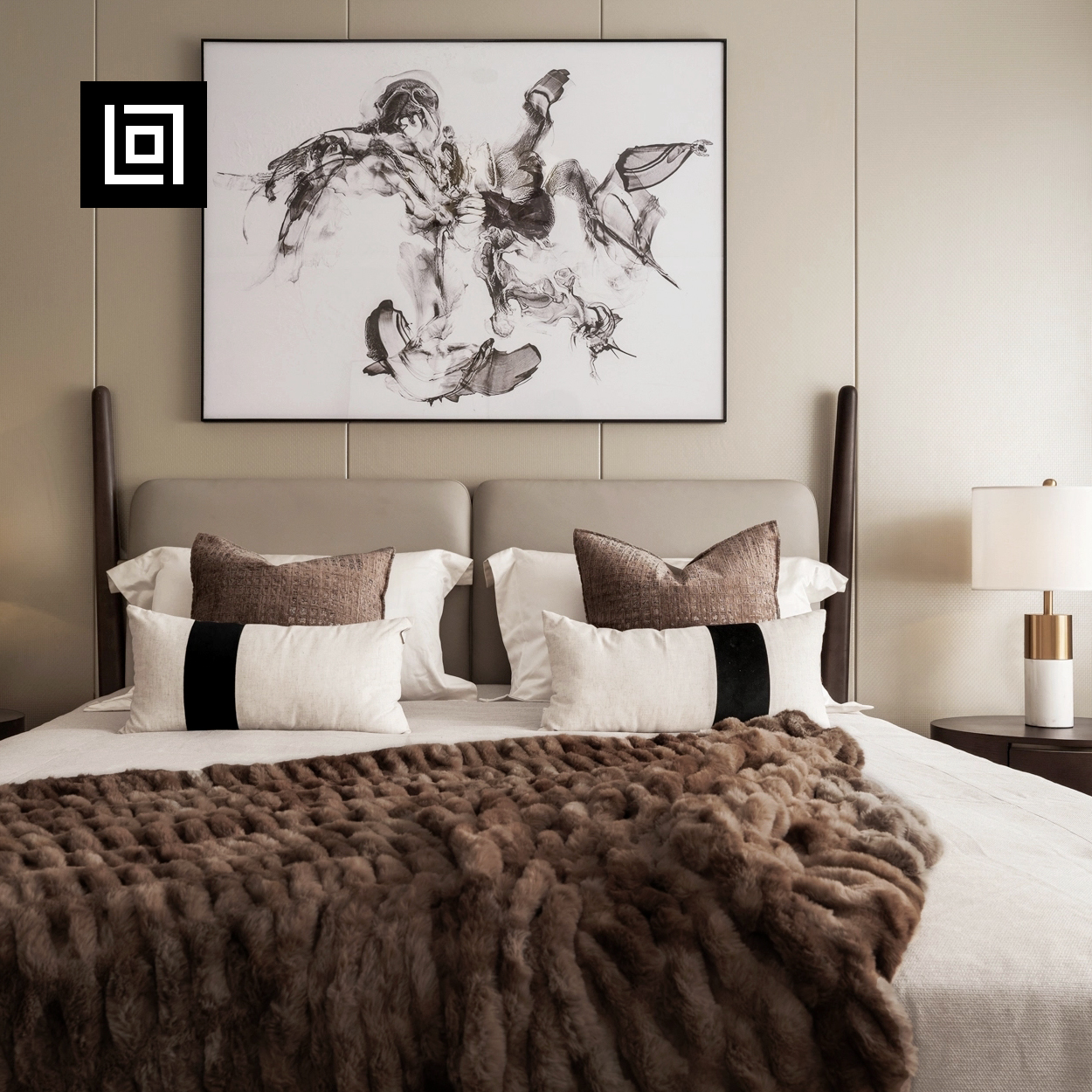 中古风别墅民宿侘寂风床品套件覆古棕咖棉麻抱枕床尾毯床头靠垫套