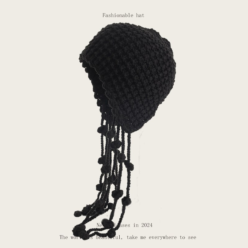 时尚ins手工流苏球珍珠镂空珍珠毛线J帽女包头帽百搭保暖针织帽