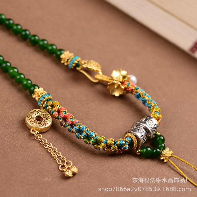 藏式小清新c吊坠绳手工编织桃花结脖挂项链珍珠手绘唐卡扎基拉姆