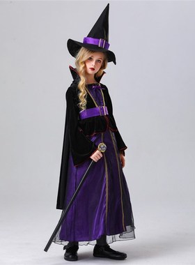 儿童万圣节紫色欧美风格装扮w女巫服装舞台表演演出服化妆舞会衣