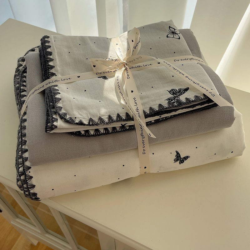 全棉贝壳边纯棉双层纱三角针四件套小碎I花床笠床单被套学生三件