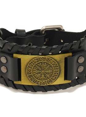 跨境新款饰品北欧维京海盗牛y皮手链复古编织指南针男士皮革手环