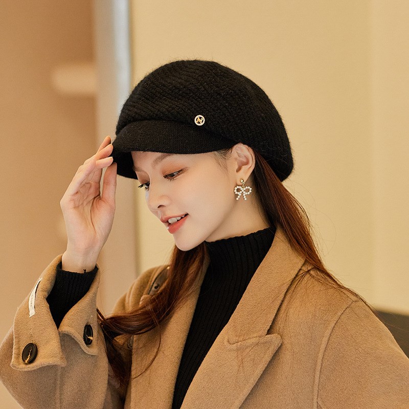 冬季帽子女鸭舌帽加绒加厚女z新款保暖护耳骑车针织毛线帽贝雷帽