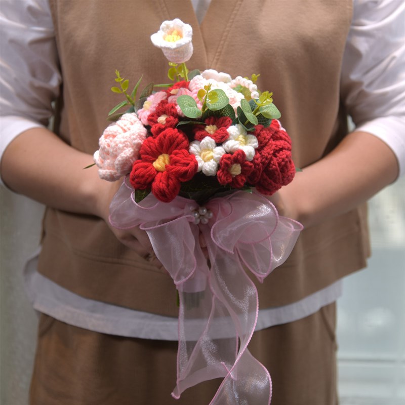 041婚礼仿真玫瑰订q婚结婚手捧花跨境手工毛线编织针织花束成
