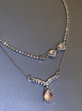 水晶爱心粉色水钻双层项链t女锁骨链网红气质新娘颈链脖子装饰配