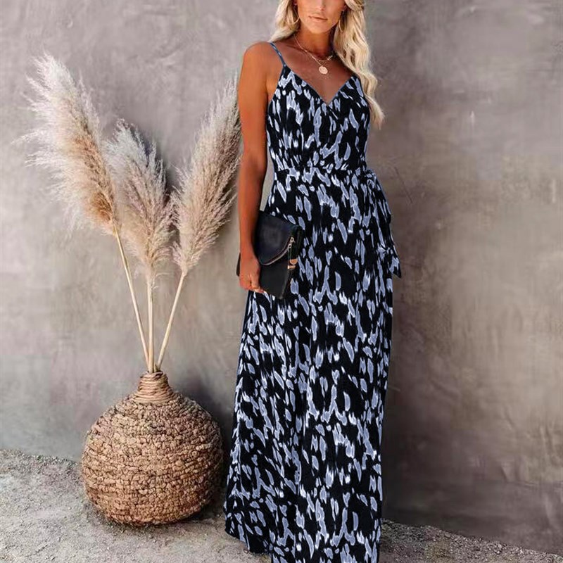 2023新款欧美女装跨境亚马逊独立站连衣裙开叉吊S带性感印花中长