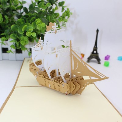 复古黄鹤楼马车帆船3D立体贺B卡钟鼓楼剪纸摆件纸质聚宝盆花朵