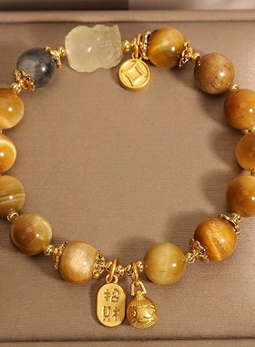 天然石虎眼石f手串吞金兽福牌吊坠新中式仿黄塔晶手链送女友送闺