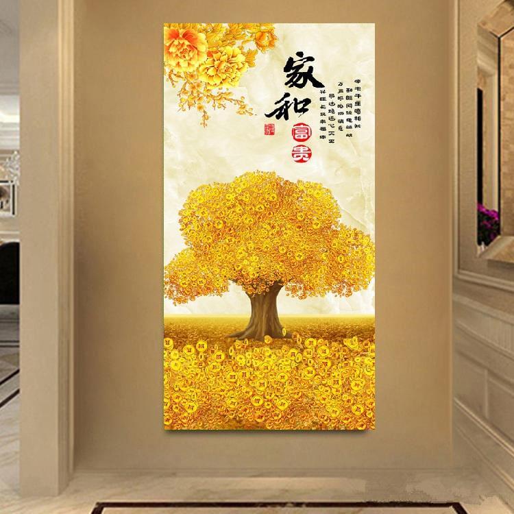 招财进宝玄关竖版装饰画发财摇钱树走廊过道单副挂画进门无框墙画图片