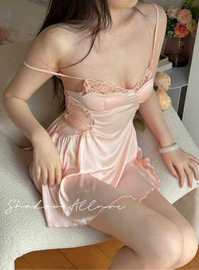 温蒂*纯欲蕾丝收腰吊带睡裙家居服四季缎面小胸聚拢冰丝睡衣女
