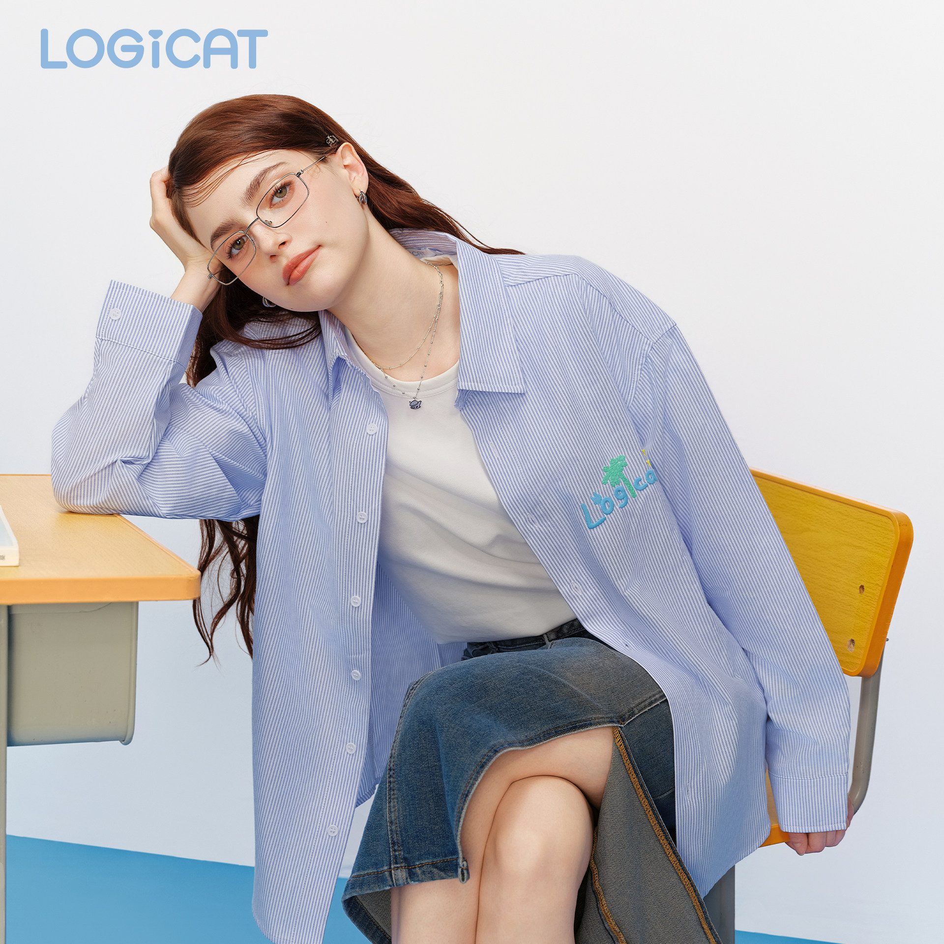 明星同款LOGICAT条纹衬衫春季宽松百搭刺绣男女情侣衬衫图片