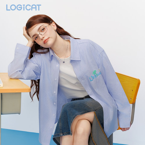 明星同款LOGICAT条纹衬衫春季宽松百搭刺绣男女情侣衬衫