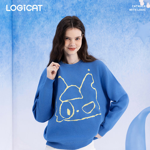 LOGICAT蓝色手绘小猫毛衣软糯慵懒宽松套头线条猫咪秋冬针织上衣