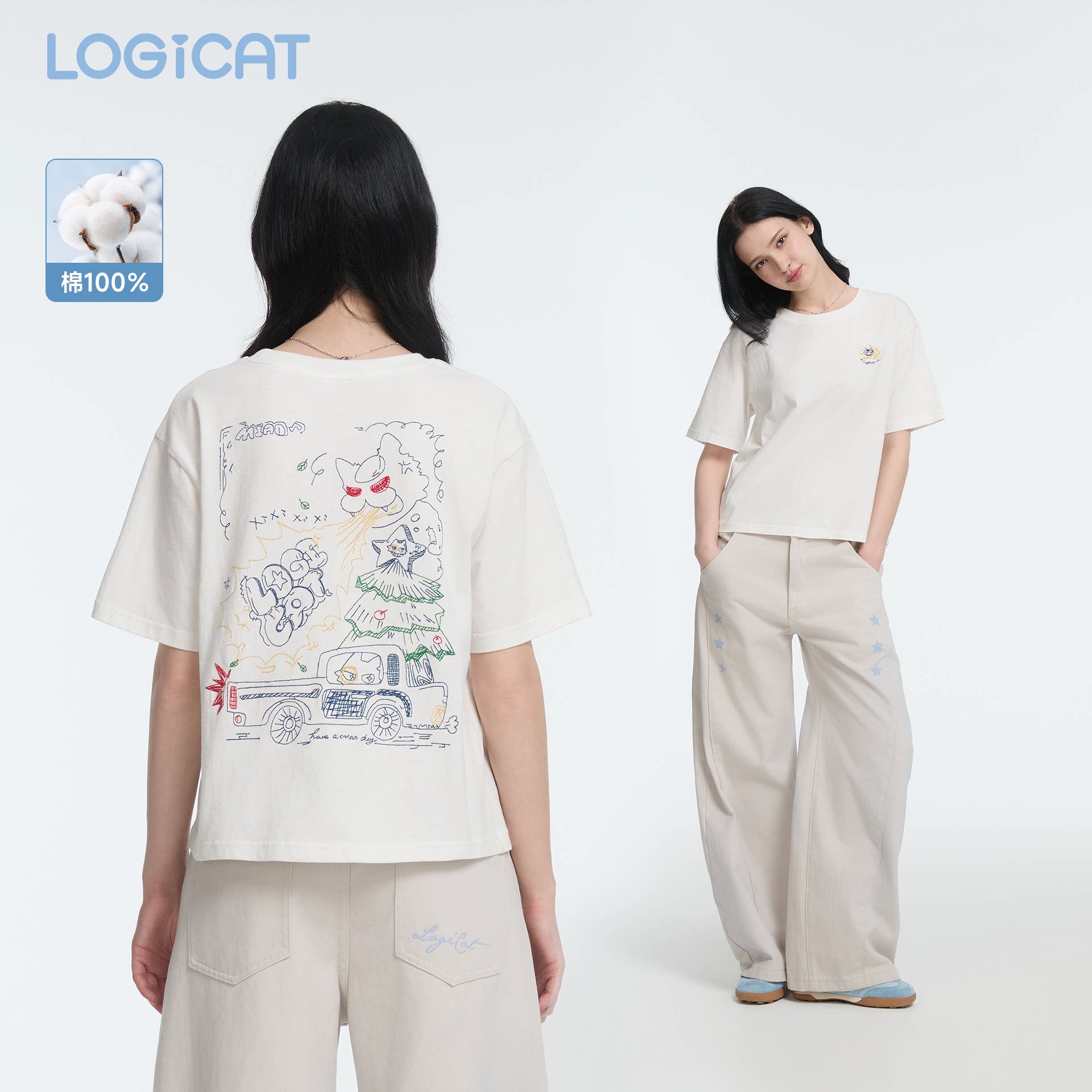 LOGICAT短袖刺绣2026新款趣味原创设计百搭内搭夏季宽松半袖T恤图片