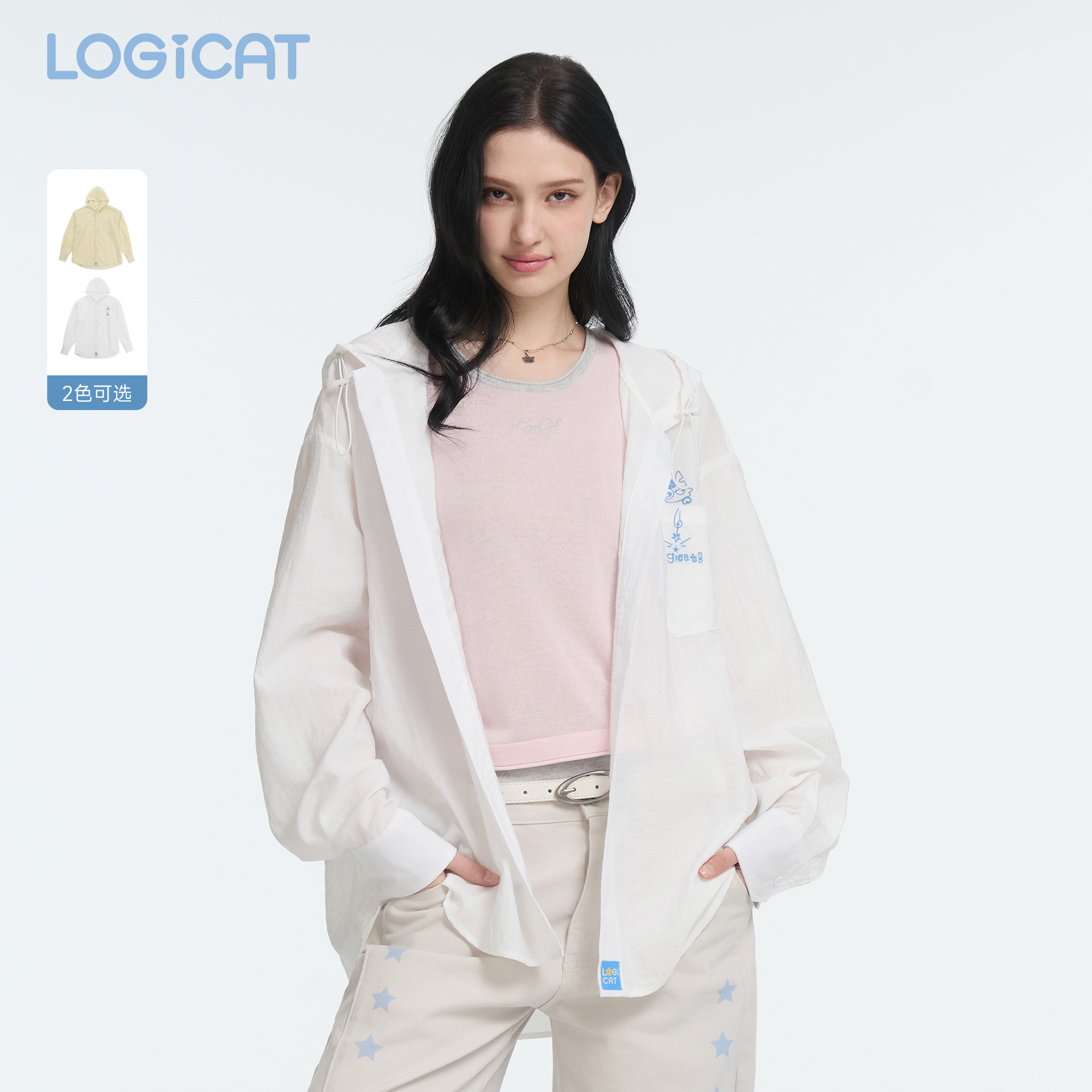 LOGICAT衬衫2026新款宽松阔版休闲百搭宽松外搭猫咪刺绣连帽外套