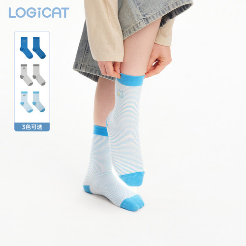 LOGICAT猫头条纹袜子舒适百搭秋季新款撞色柔软吸汗保暖中筒袜