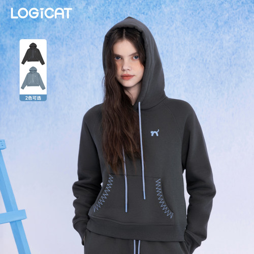 LOGICAT连帽卫衣刺绣女款春季薄绒宽松舒适百搭长袖帽衫上衣
