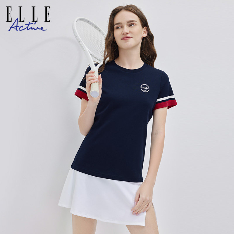 ELLE ACTIVE女装新款运动t恤纯棉短袖圆领上衣拼色修身体恤透气女