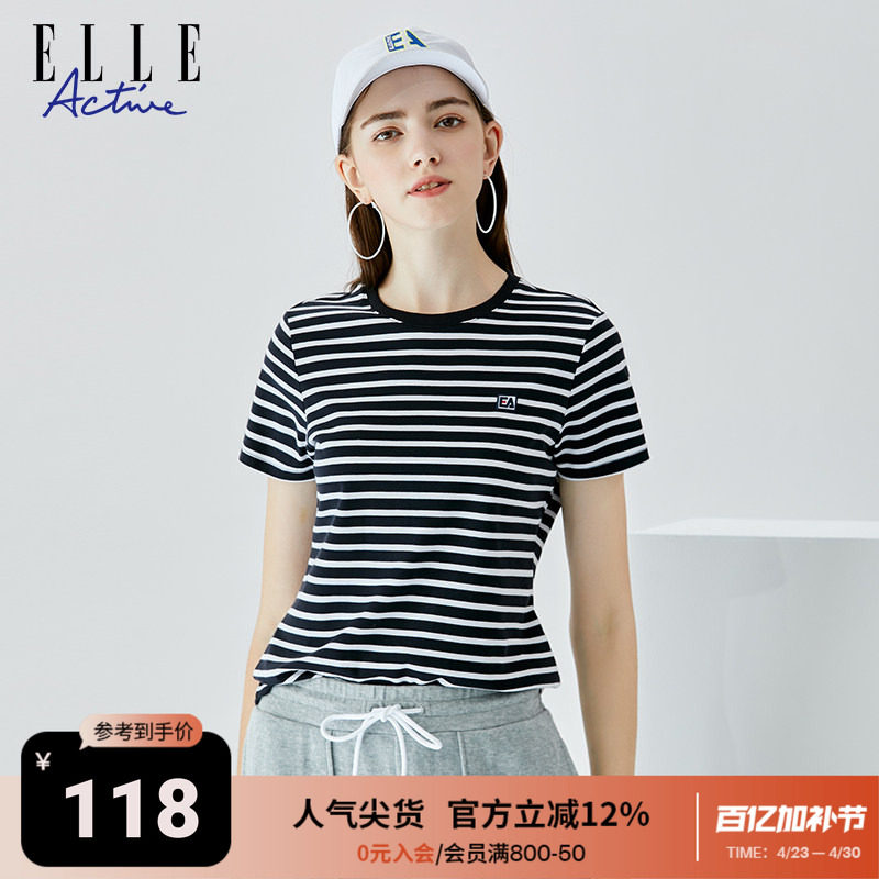 ELLE ACTIVE女装t恤女新款条纹运动上衣圆领舒适透气纯棉t恤短袖
