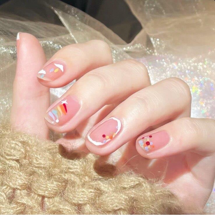 彩虹糖果手工美甲成品小清新穿戴甲春天贴片甲片五彩手工美甲片图片