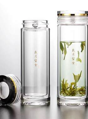 华象2196-4岁月留金商务简约一体加厚玻璃杯双层耐热玻璃泡茶杯