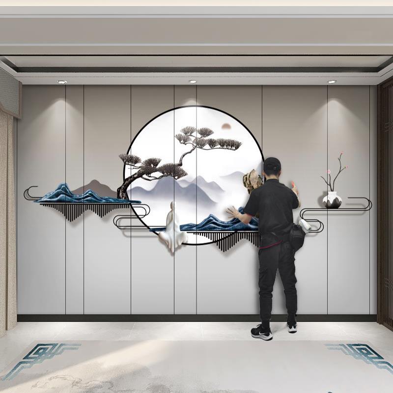 3D立体新中式轻奢山水电视墙壁纸客厅沙发墙纸办公室茶室背景壁画