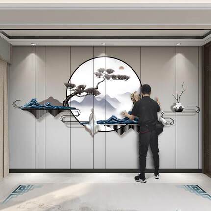 3D立体新中式轻奢山水电视墙壁纸客厅沙发墙纸办公室茶室背景壁画