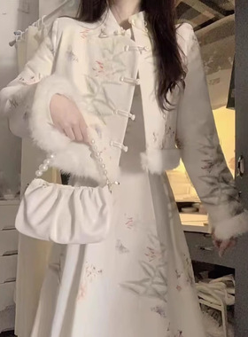 新中式复古套装裙2024秋冬加厚保暖感外套连衣裙气质两件装裙