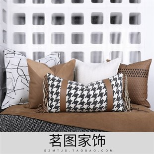 样板房酒店会所家具展厅抱枕靠垫 现代轻奢咖橘色须边腰枕侘寂风格