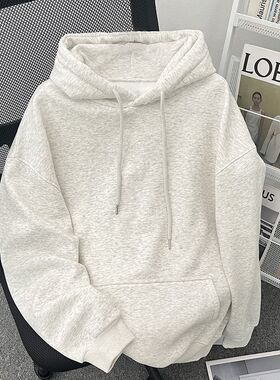 重磅棉白灰色连帽学生加厚卫衣简约男女款上衣秋冬加绒百搭外套潮