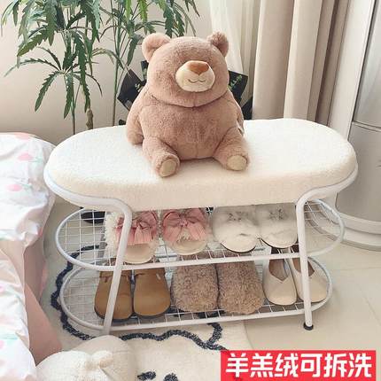北欧简约进门换鞋凳鞋柜家用入户门口羊羔绒软包鞋架子一体可坐式