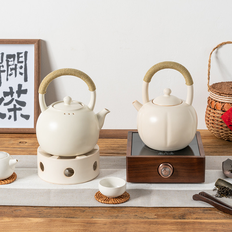 电陶炉白陶煮茶壶陶瓷提梁壶套装泡茶中式陶壶蜡烛炉可明火烧水壶