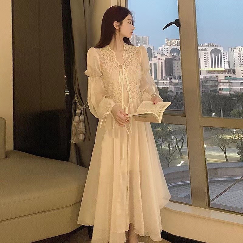 睡裙女蕾丝网纱法式复古宫廷公主风纯欲新娘睡袍仙女晨袍大码睡衣