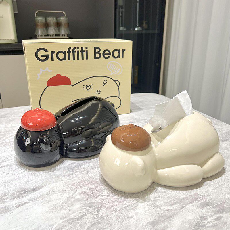 涂鸦熊陶瓷纸巾盒牙签牙线盒客厅创意家用高档轻奢高级感餐巾纸盒