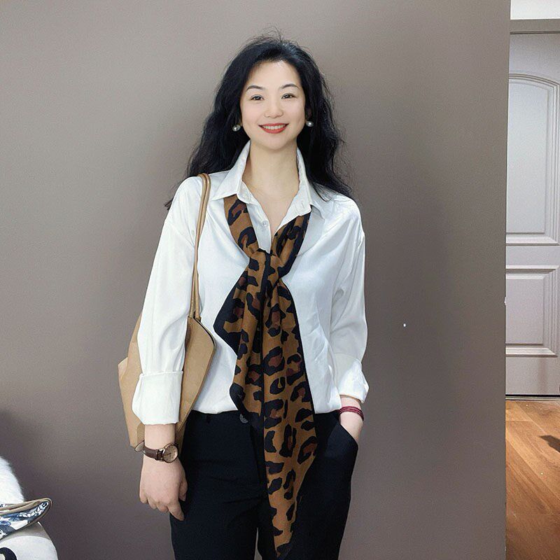 时髦款!焦糖色豹纹棉麻丝巾女护颈小围脖百搭窄长条飘带装饰围巾