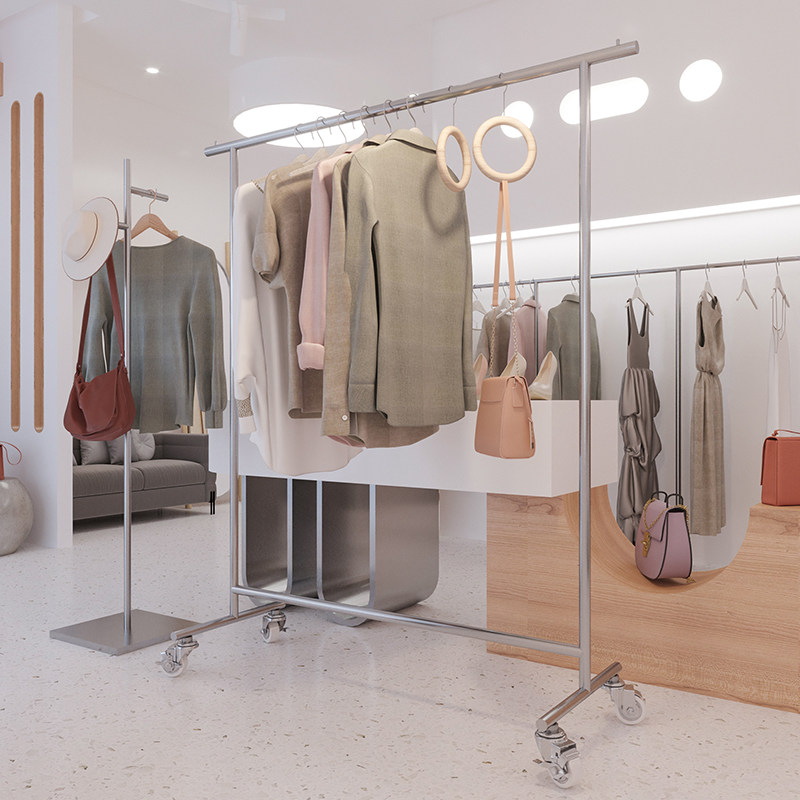 服装店挂衣架不锈钢银色中岛落地式陈列架女装店uus展示架带滑轮