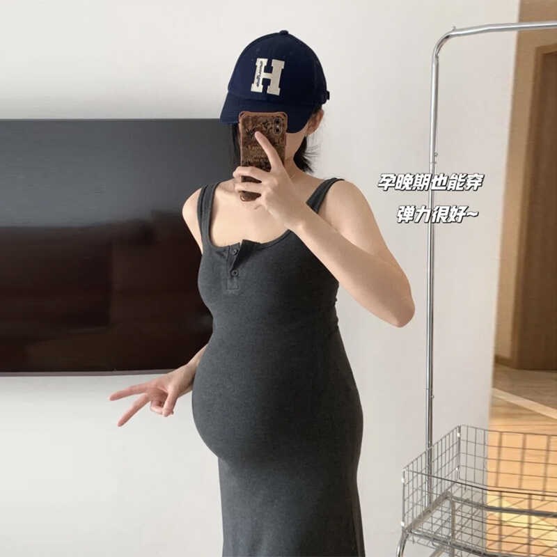 孕妇装春秋吊带背心裙子气质纽扣吊带长裙修身夏季显瘦连衣裙套装