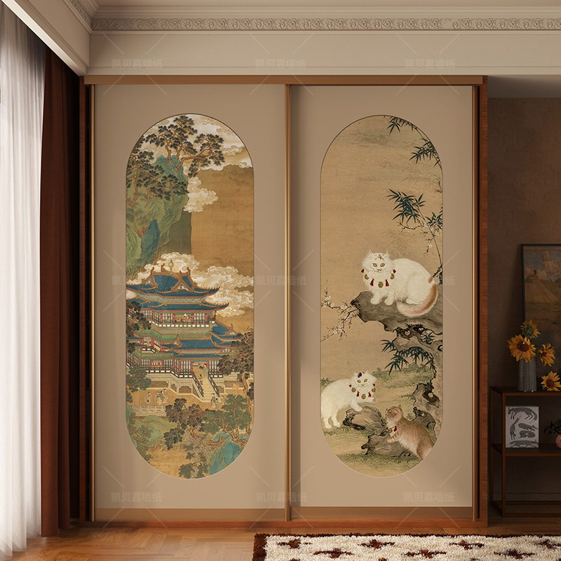 复古中式仿古画装饰房间衣柜贴画翻新柜门贴纸改造自粘壁纸加厚