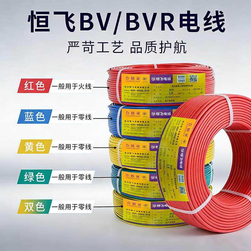 恒飞电线bv单芯硬线家用家装电缆国标1 1.5 2.5 4 6平方铜芯铜线