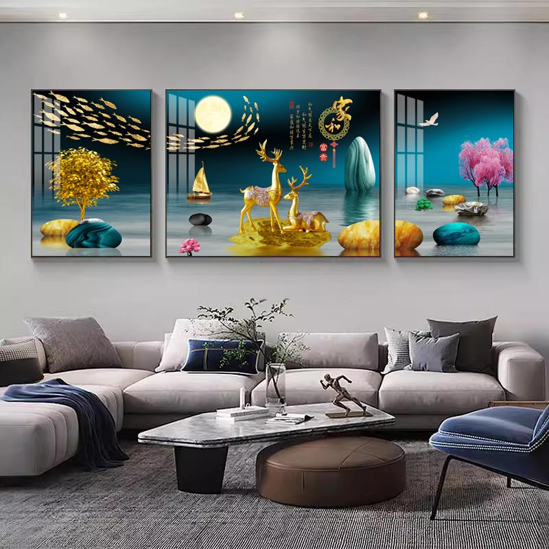 客厅装饰画沙发背景墙挂画现代简约轻奢时尚大气三联晶瓷家和壁画图片