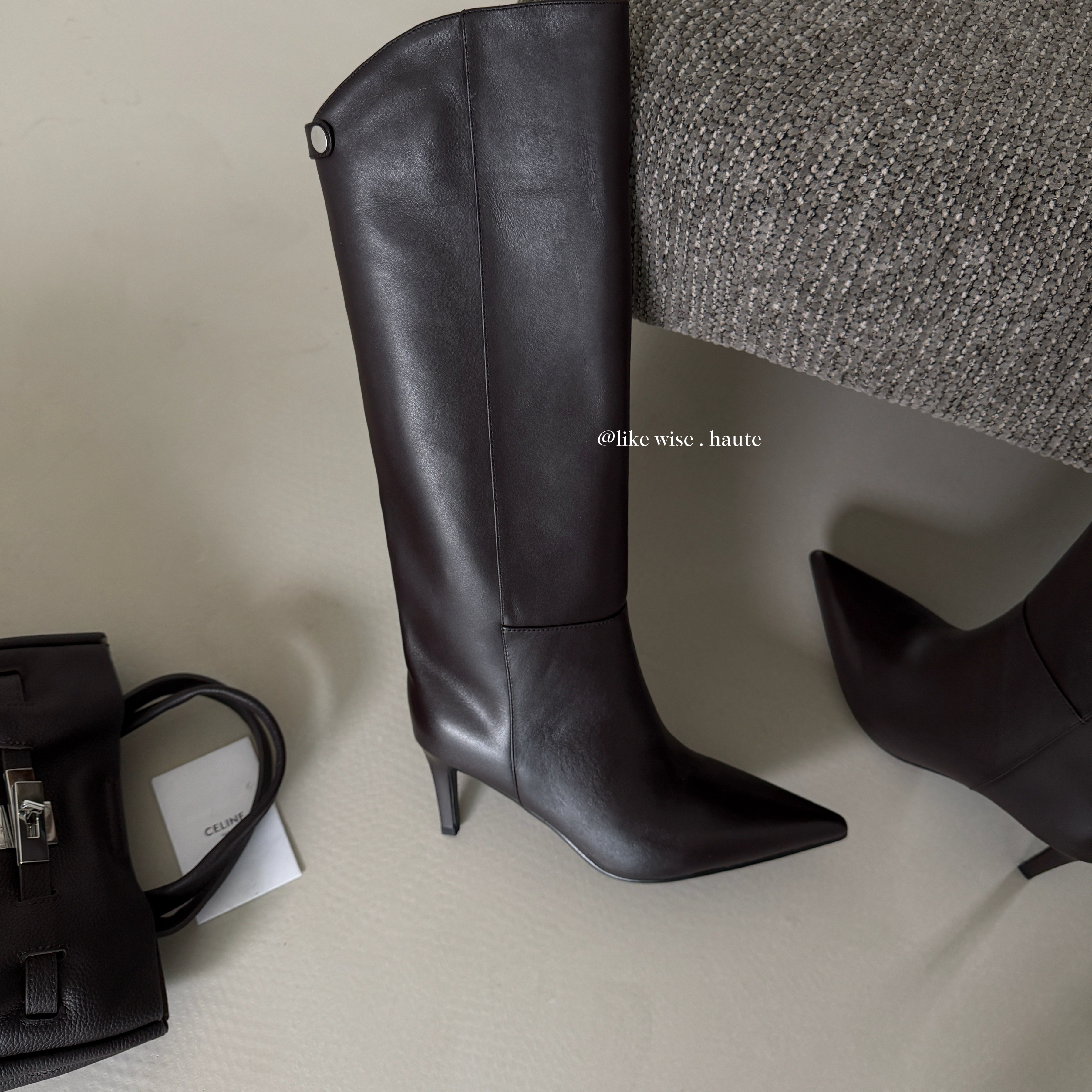 LIKE WISE HAUTE ·6.5cm尖头细高跟法式真皮宽筒不过膝高筒长靴